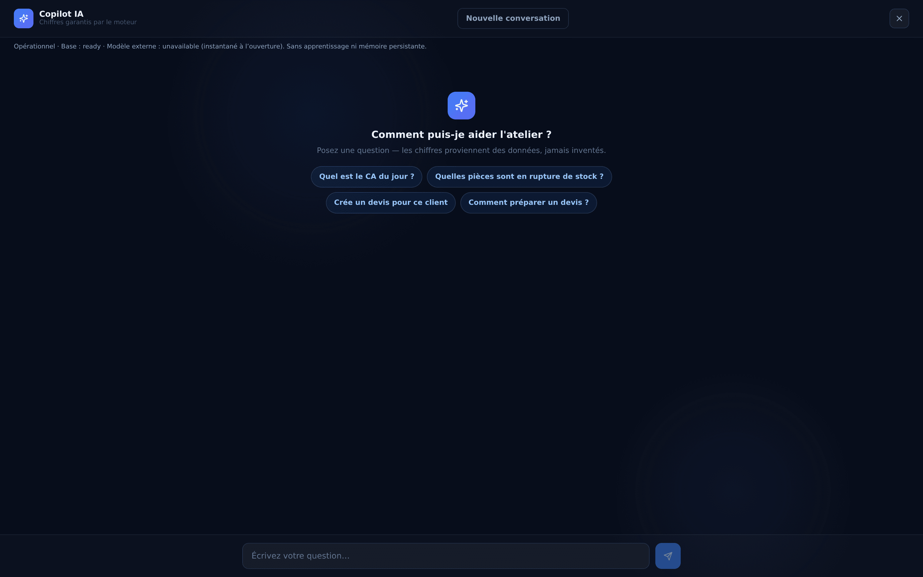 Capture réelle du copilote IA GarageFlows : suggestions d'actions et conversation sur les données de l'atelier
