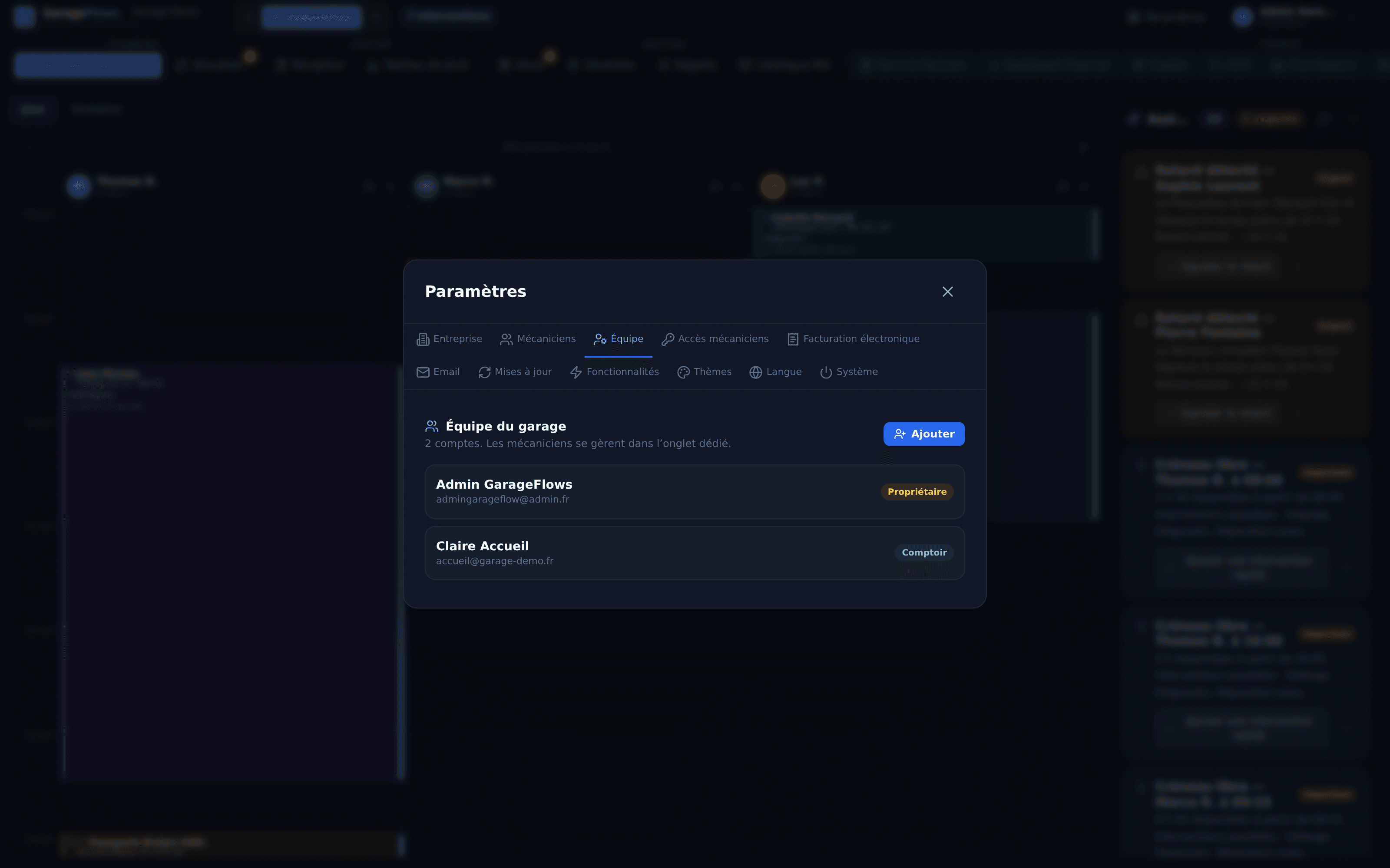Capture réelle de la gestion de l'équipe GarageFlows : comptes utilisateurs et rôles (propriétaire, comptoir)