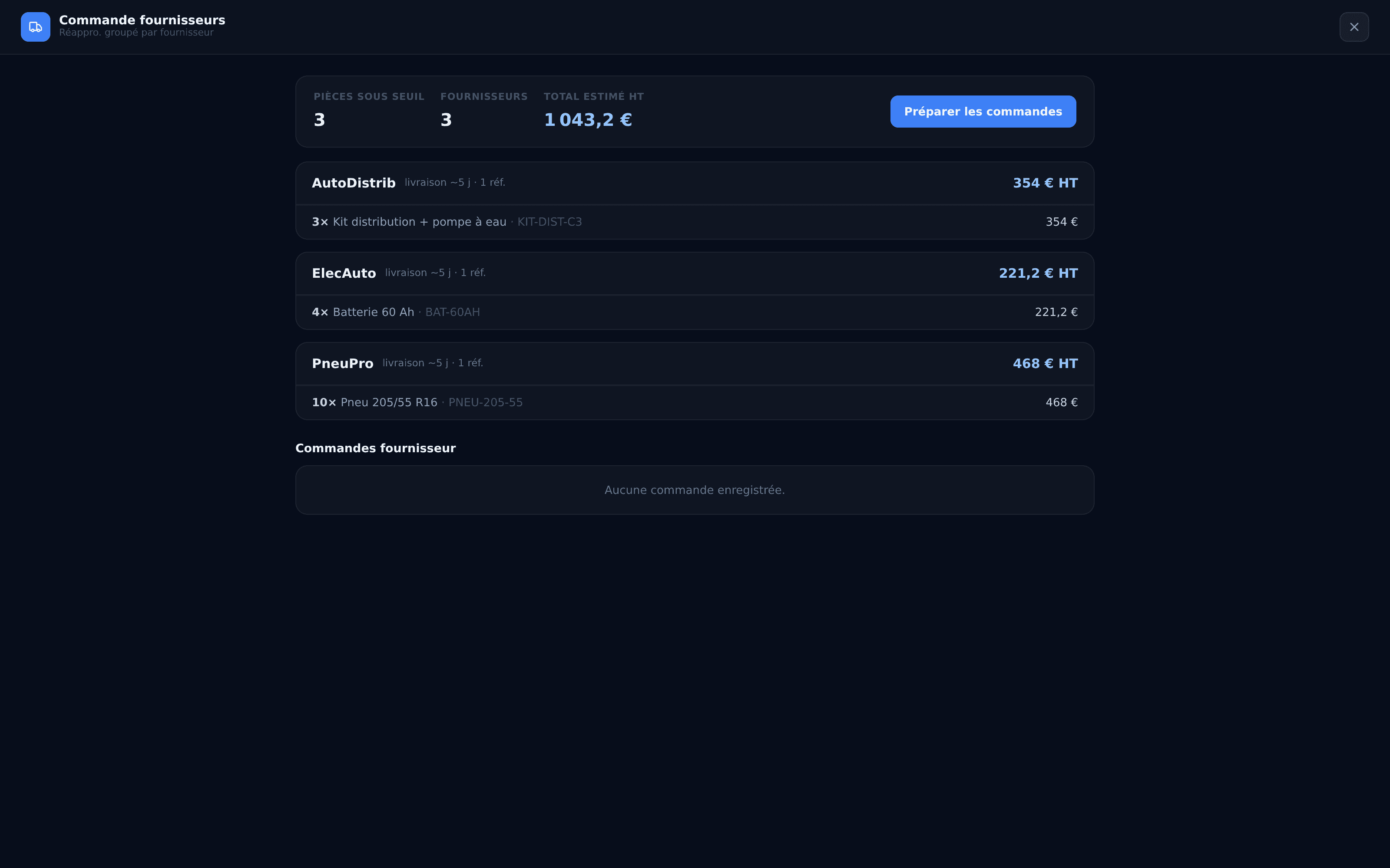 Capture réelle du réapprovisionnement fournisseurs GarageFlows : commandes groupées par fournisseur et total estimé